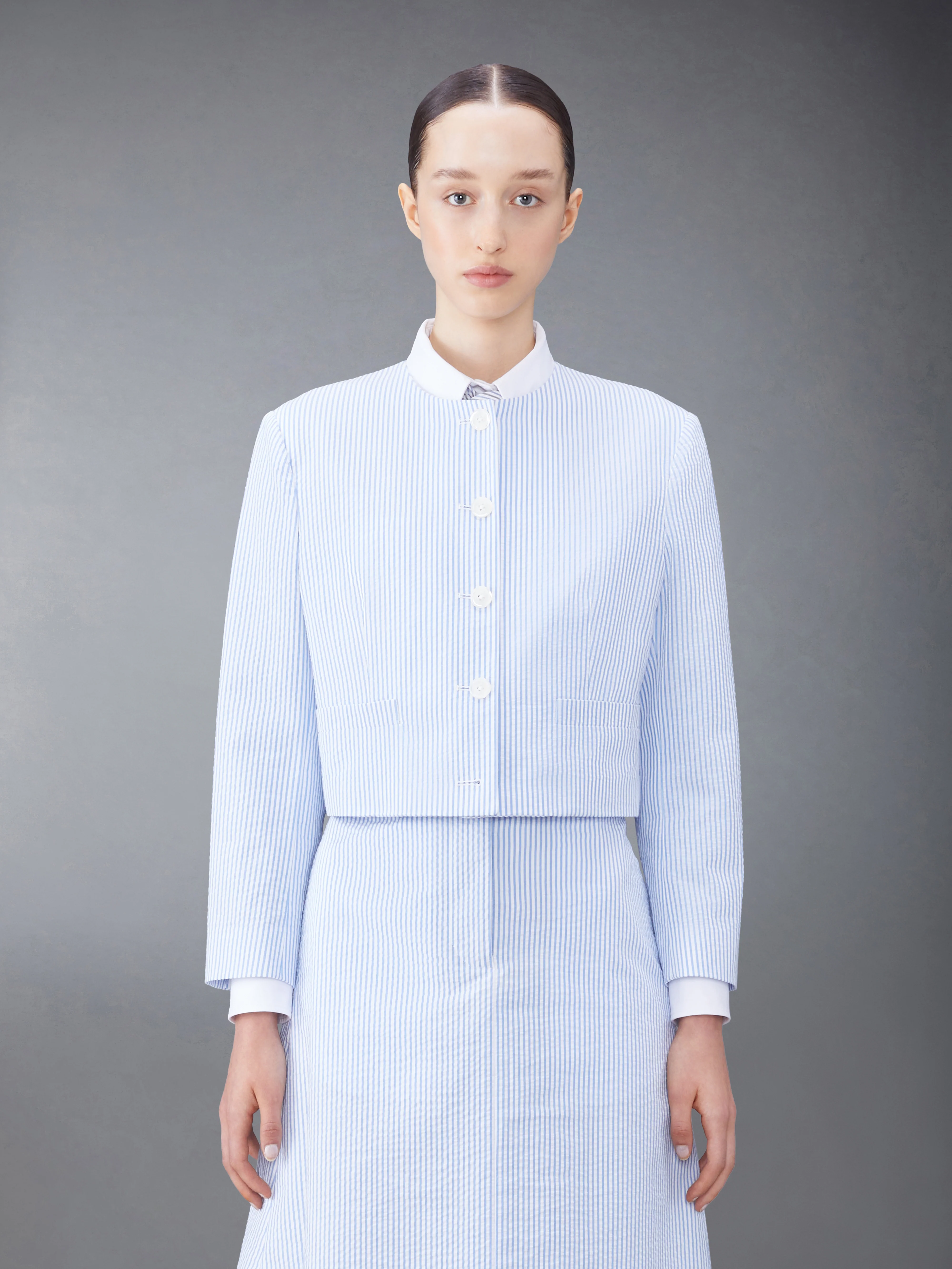 SEERSUCKER BOX PLEAT CARDIGAN JACKET