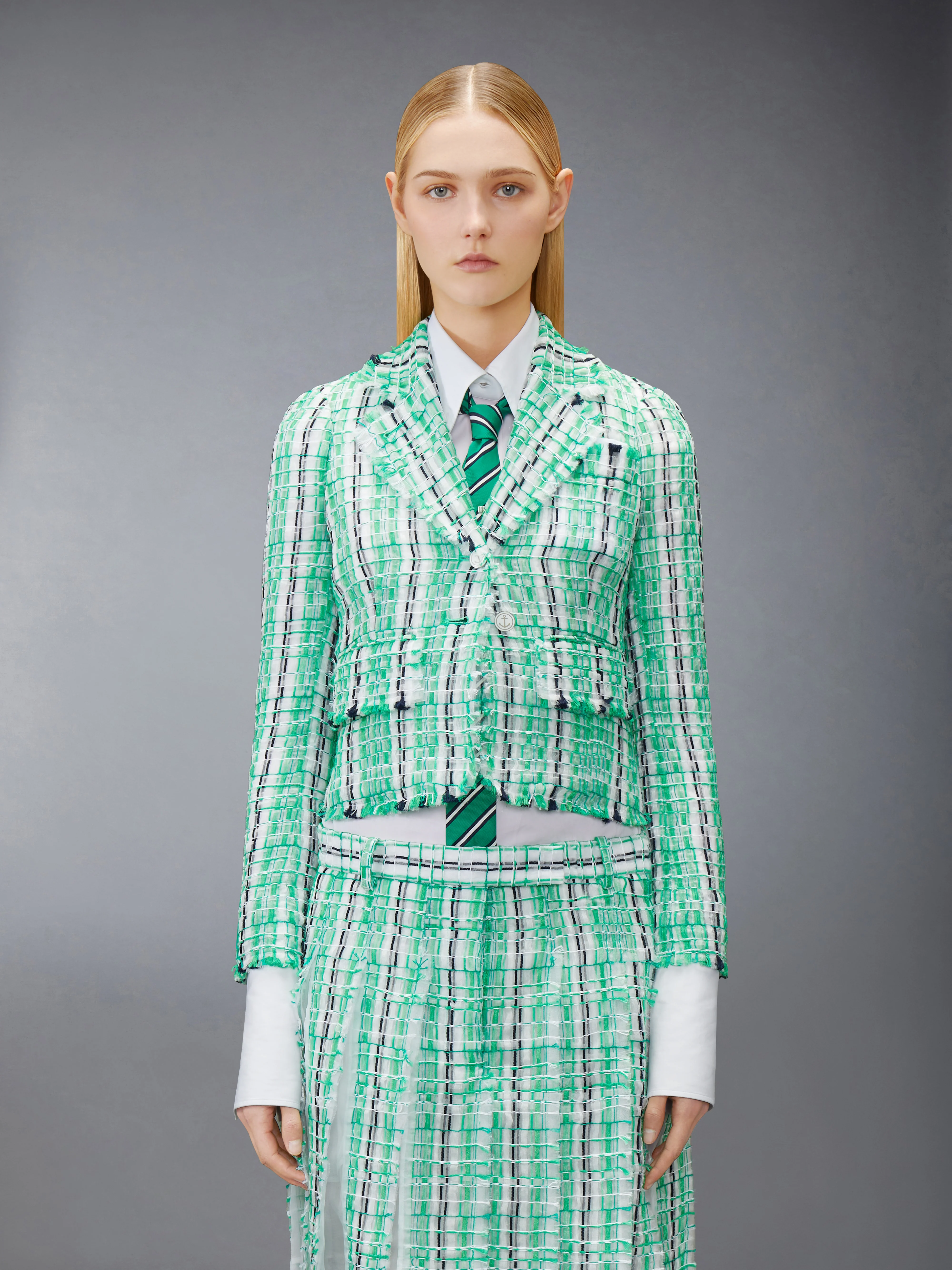 STRIPED SHEER TWEED CROPPED JACKET