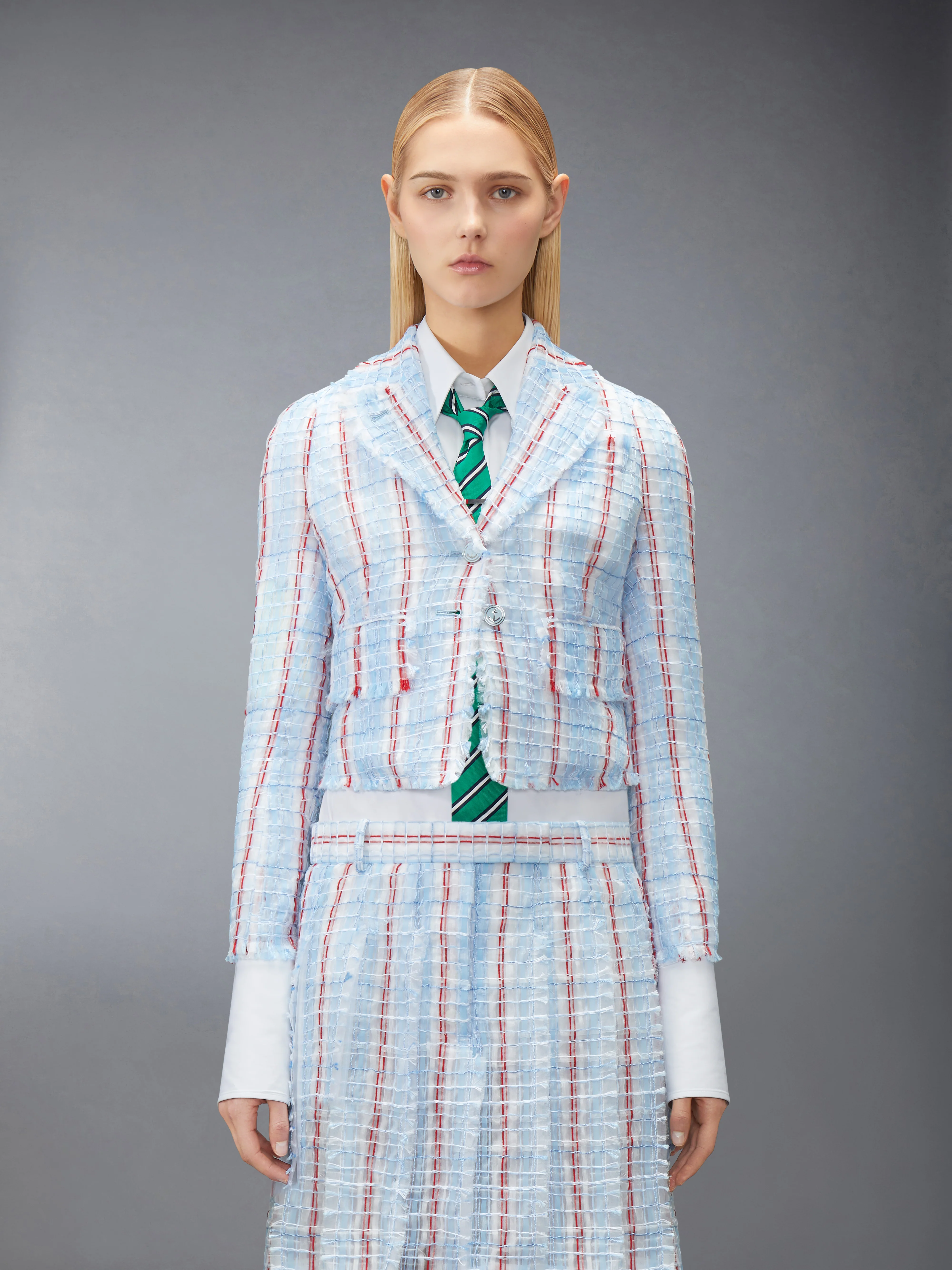 STRIPED SHEER TWEED CROPPED JACKET WITH FRAY EDGE