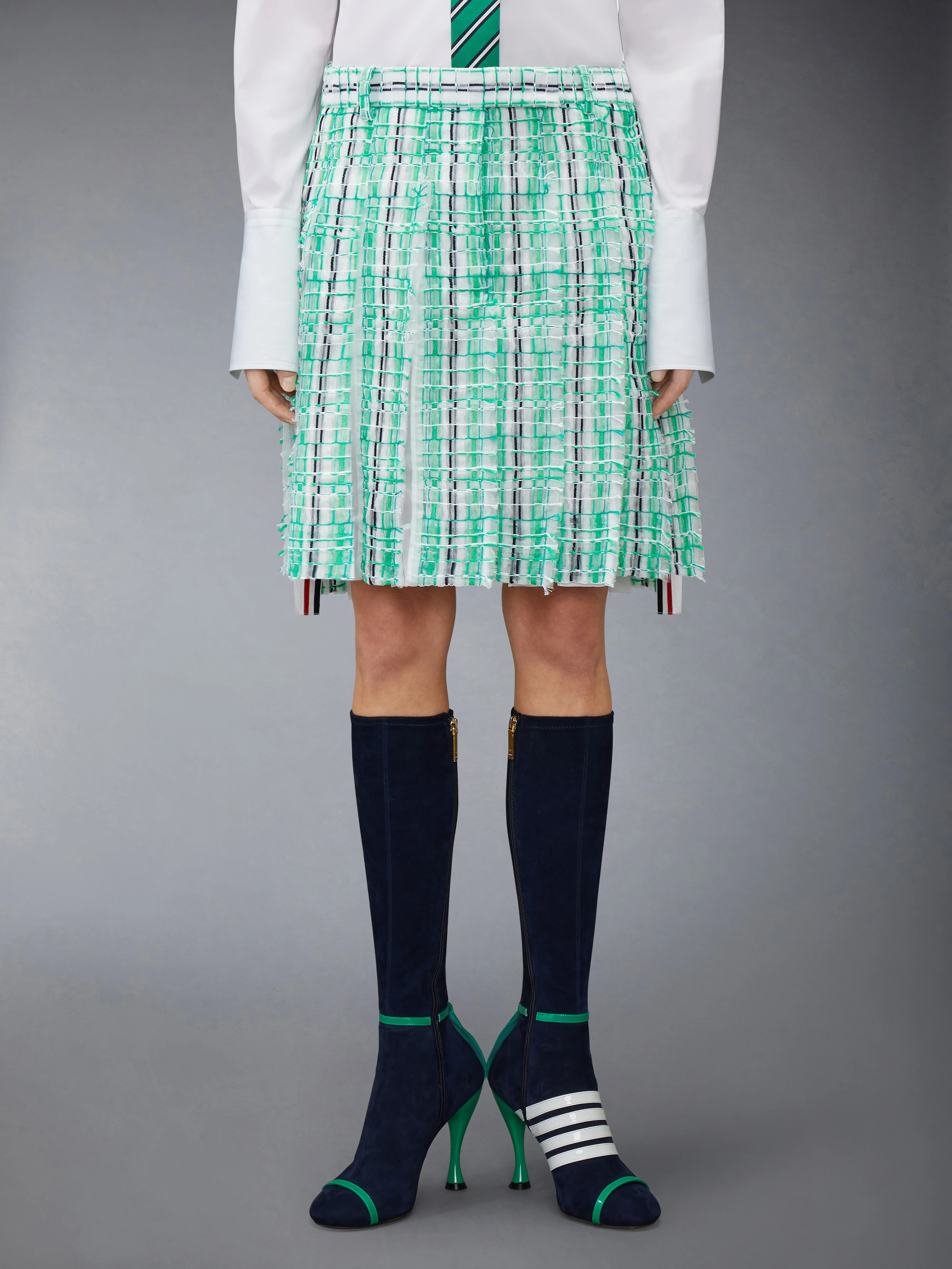 STRIPED SHEER TWEED LOW RISE PLEATED SKIRT