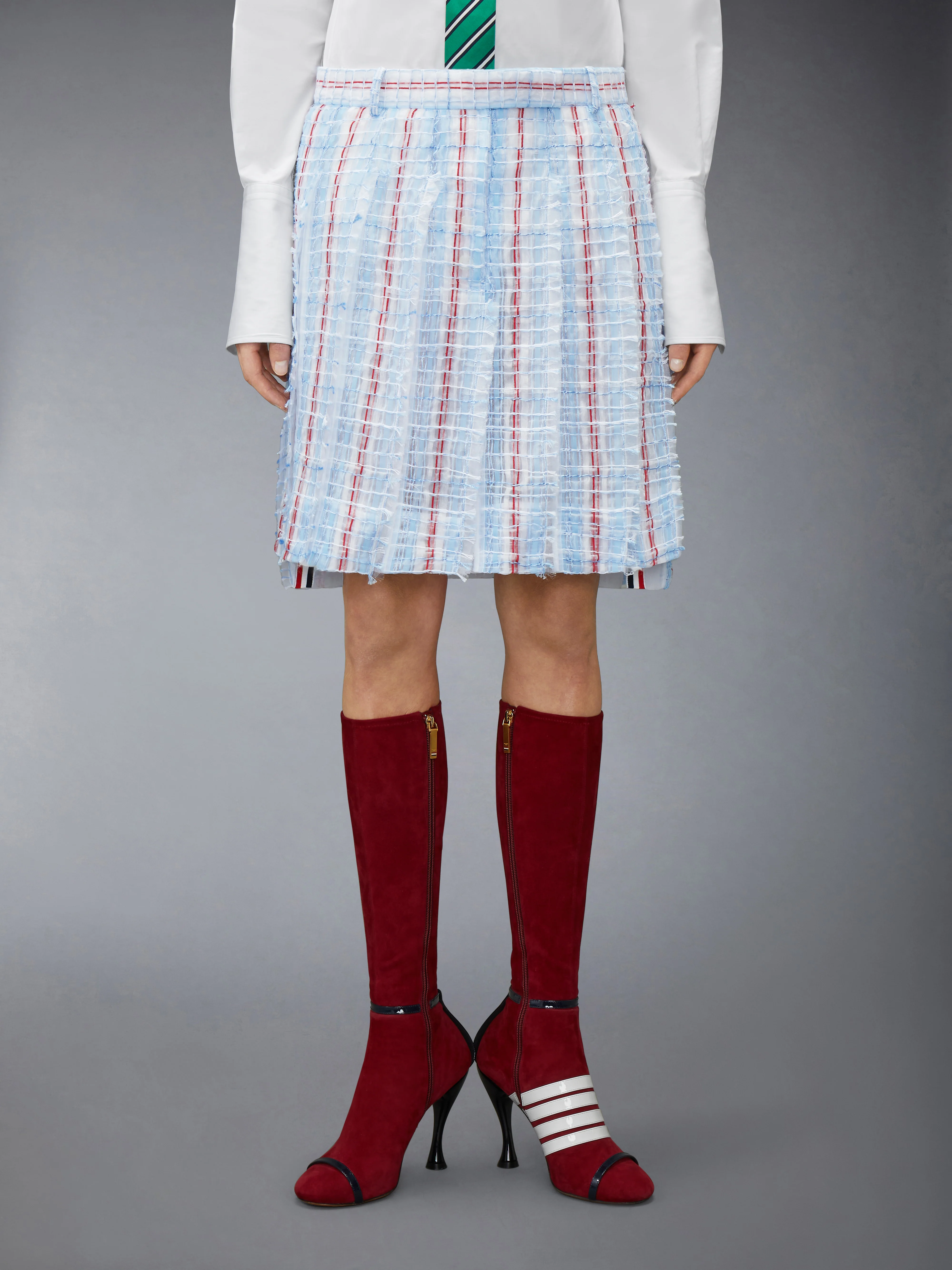 STRIPED SHEER TWEED LOW RISE PLEATED SKIRT