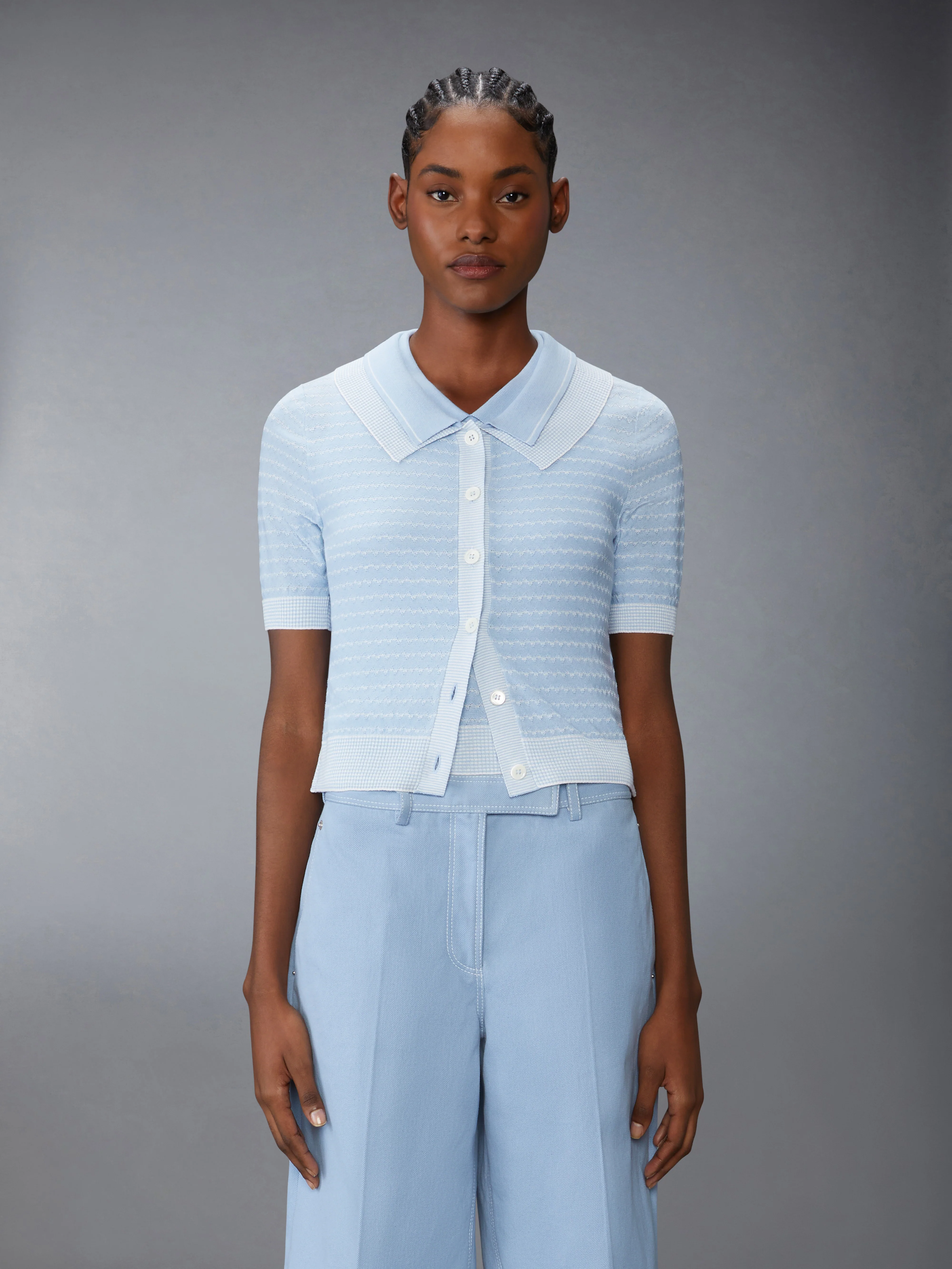 STRIPED TUCK STITCH SHORT SLEEVE CARDIGAN