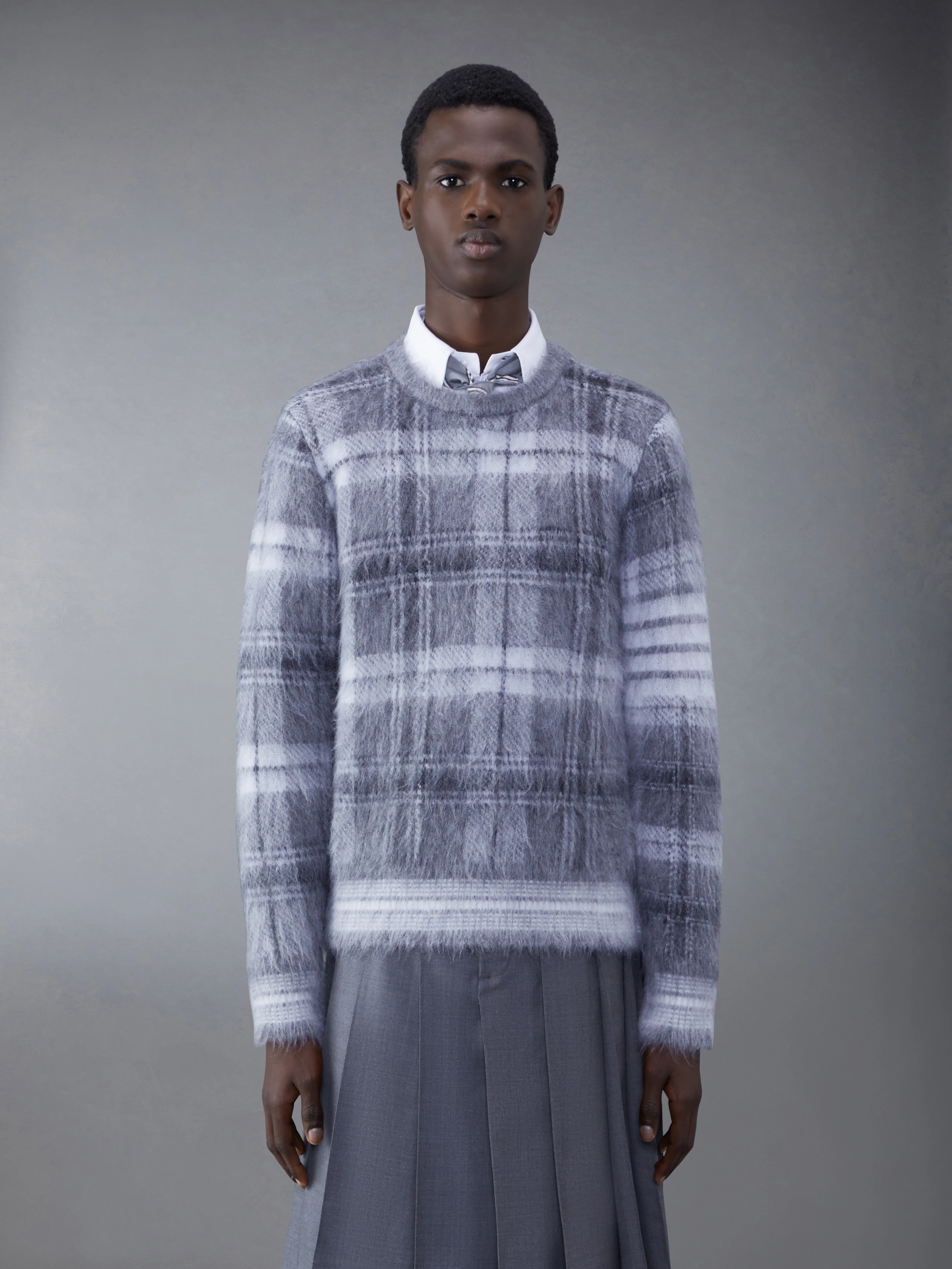 Tartan Mohair Check 4-Bar Crew Neck Pullover