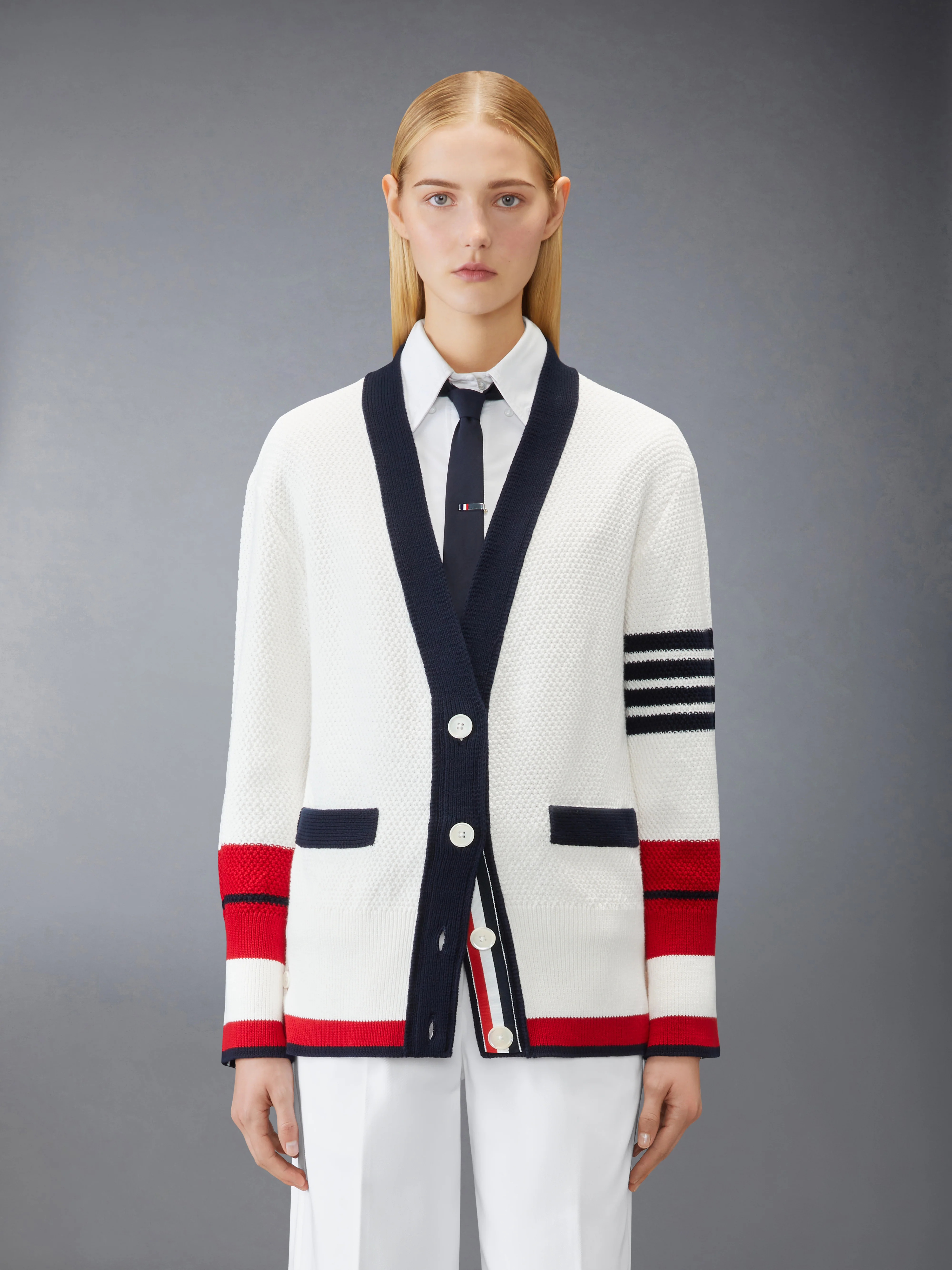 TENNIS RACQUET INTARSIA 4-BAR SEED STITCH CARDIGAN