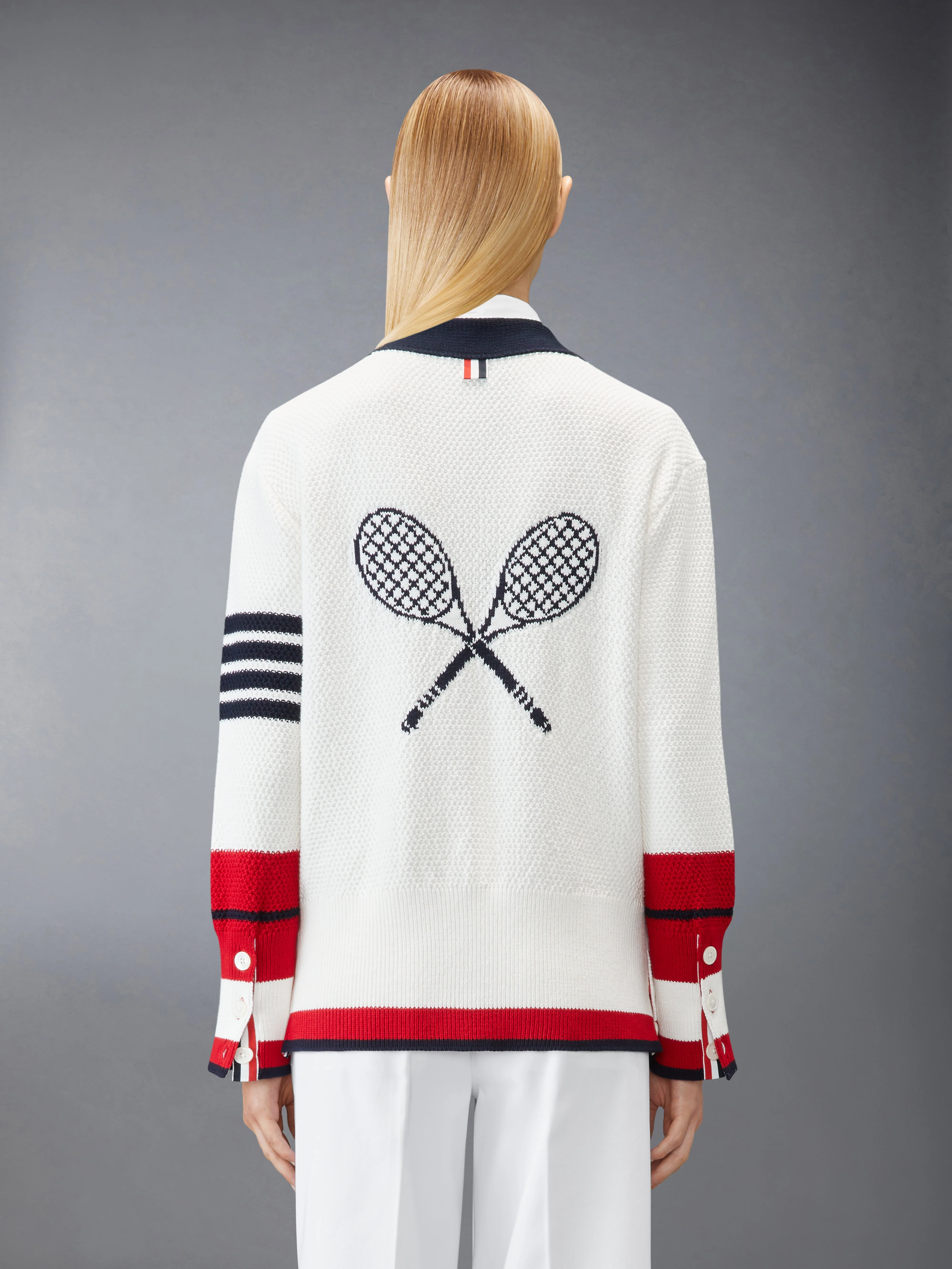 TENNIS RACQUET INTARSIA 4-BAR SEED STITCH CARDIGAN - Image 2