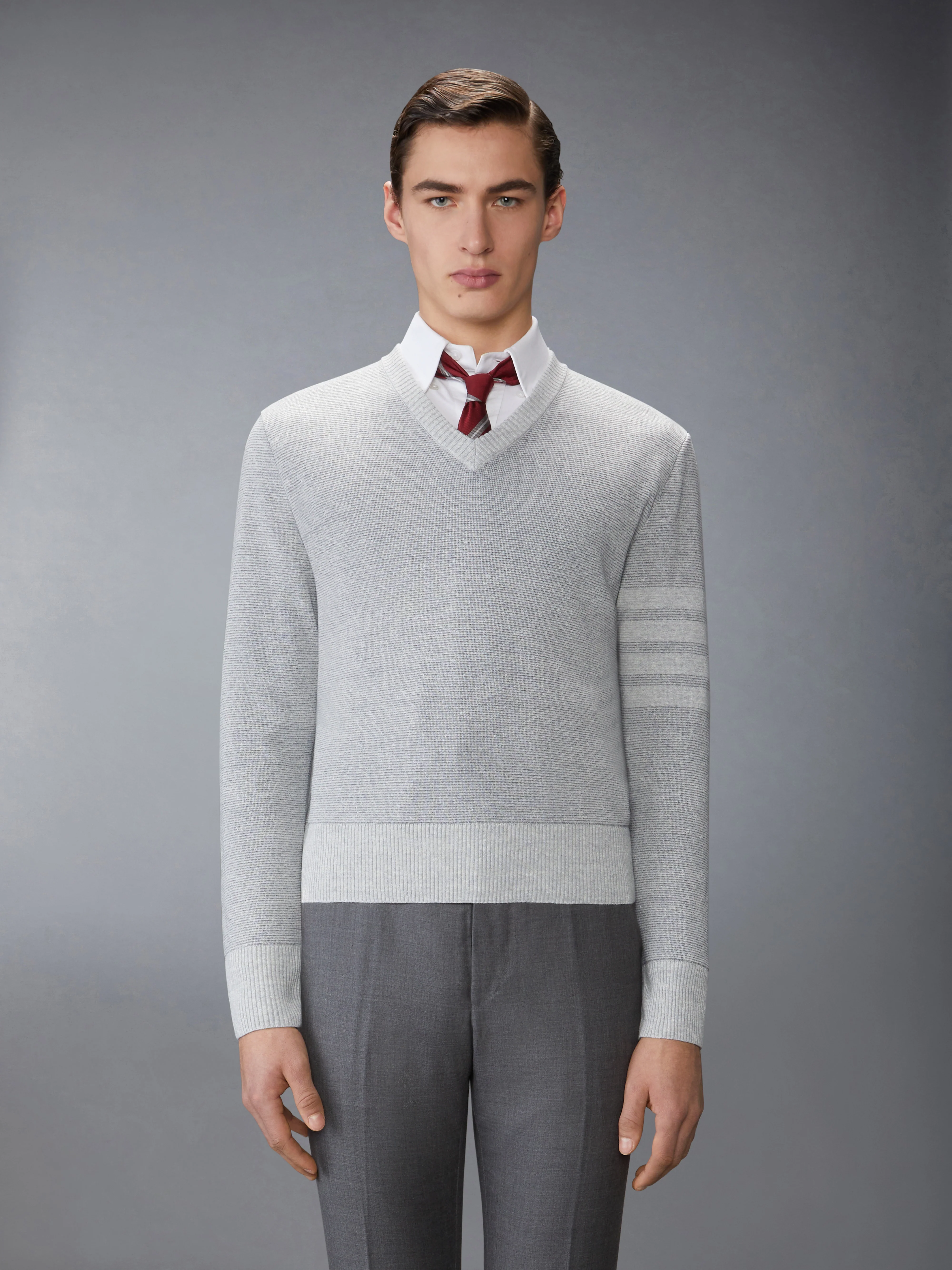 TEXTURED STRIPED STITCH 4-BAR RELAXED FIT V NECK PULLOVER