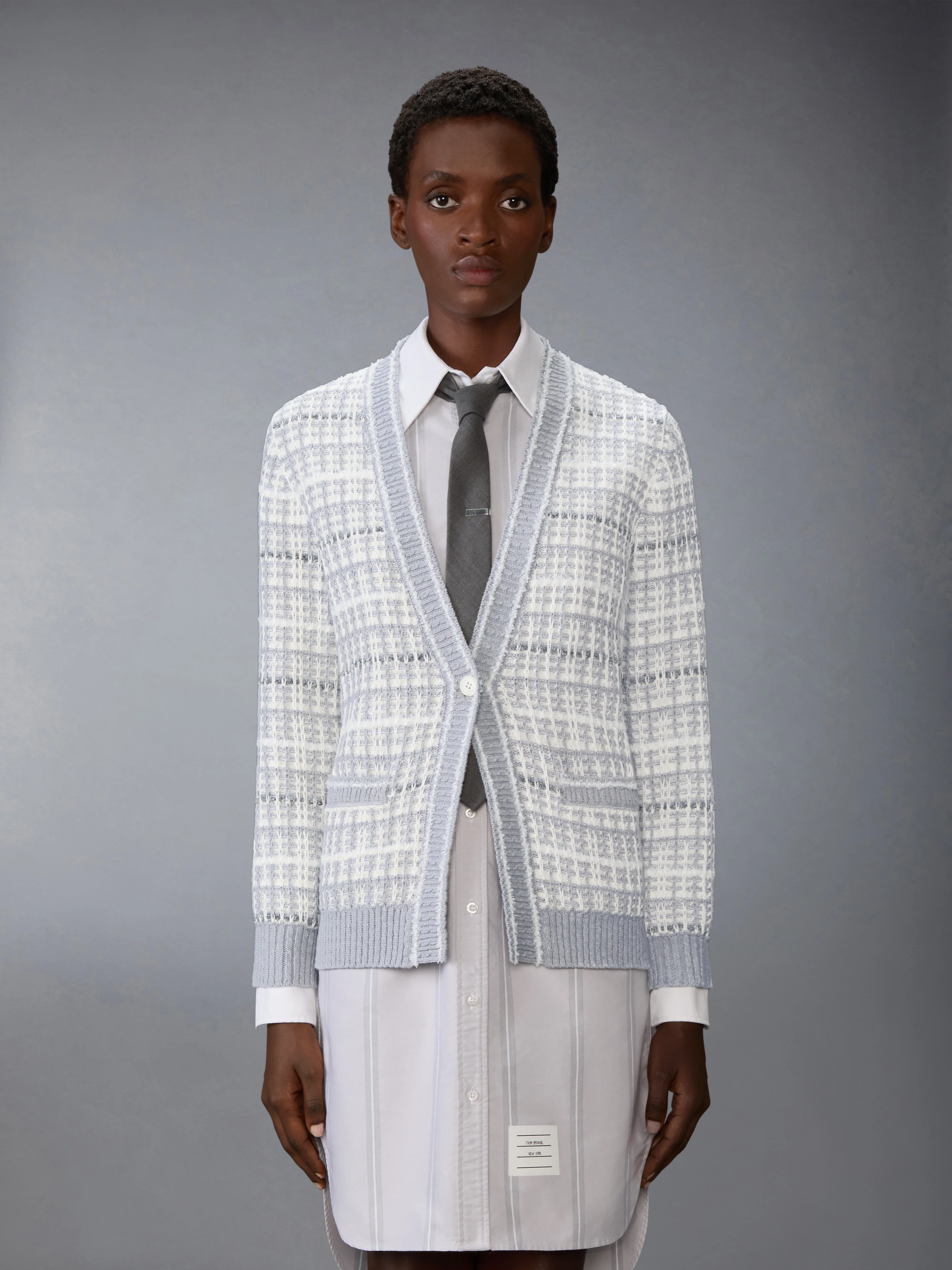 TUCK STITCH TWEED ELONGATED V-NECK CARDIGAN