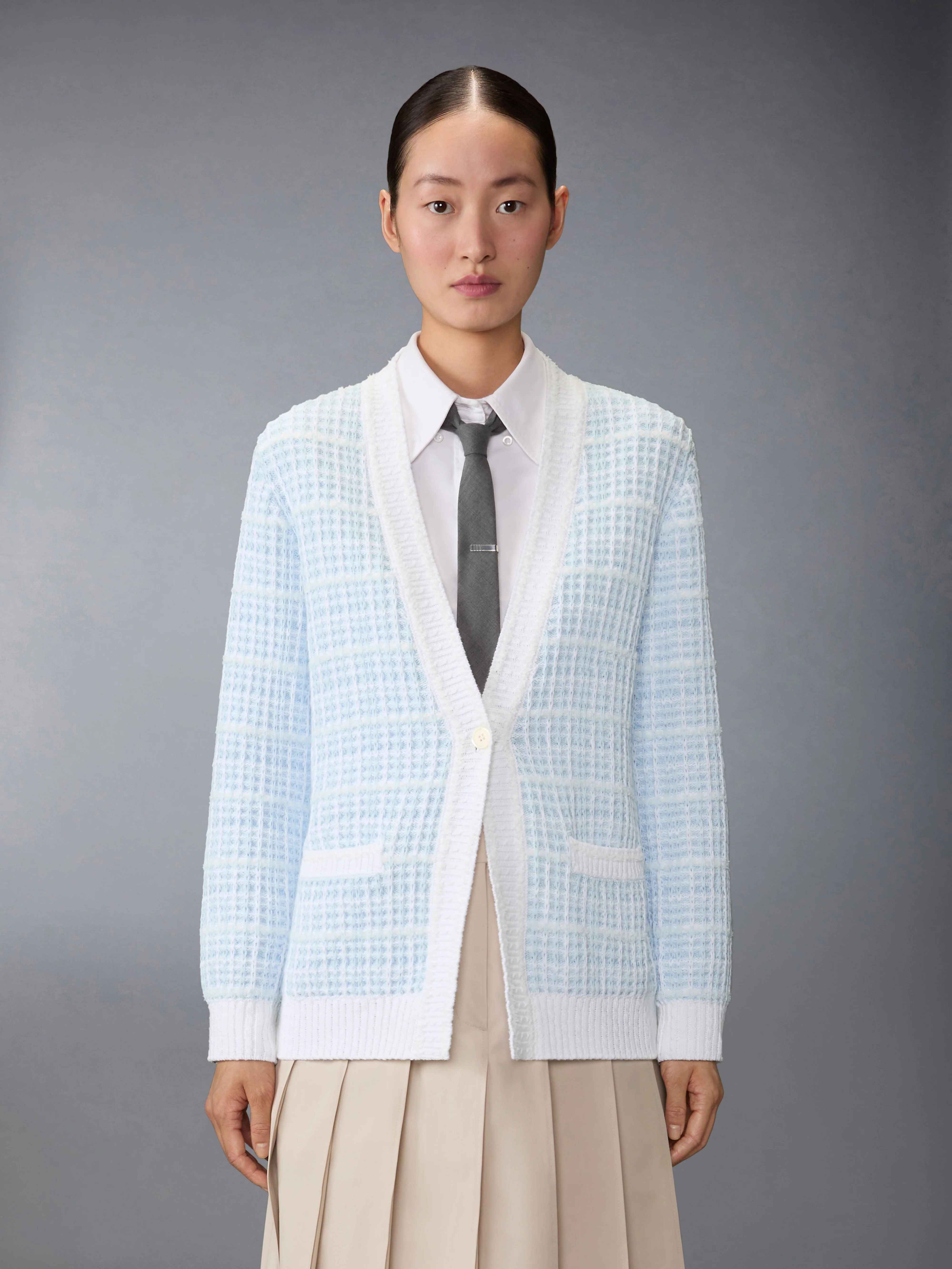 TUCK STITCH TWEED ELONGATED V-NECK CARDIGAN