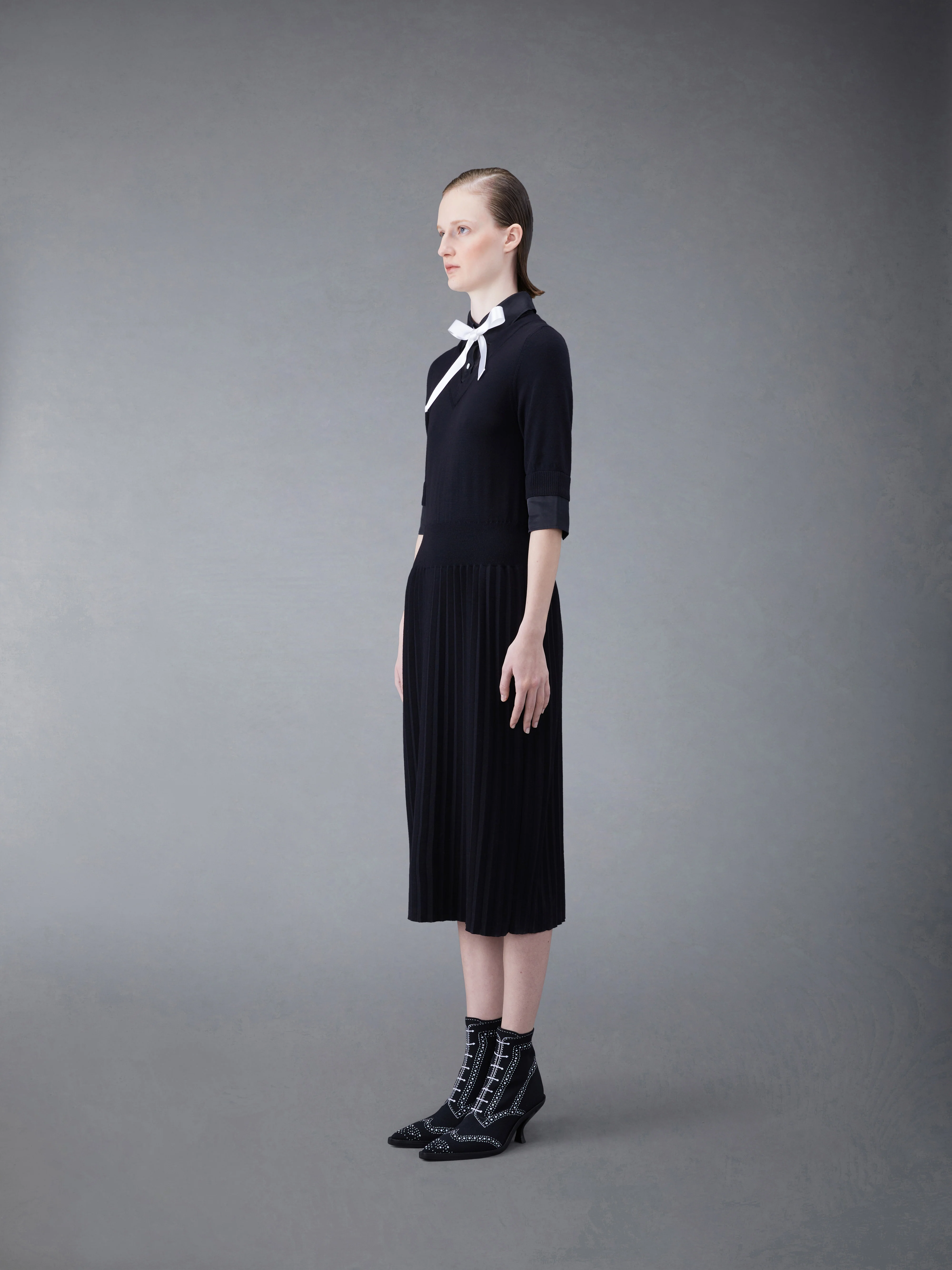 Wool Jersey Organza Pleated Bottom Ribbon Tie Combo Shirtdress - Image 2