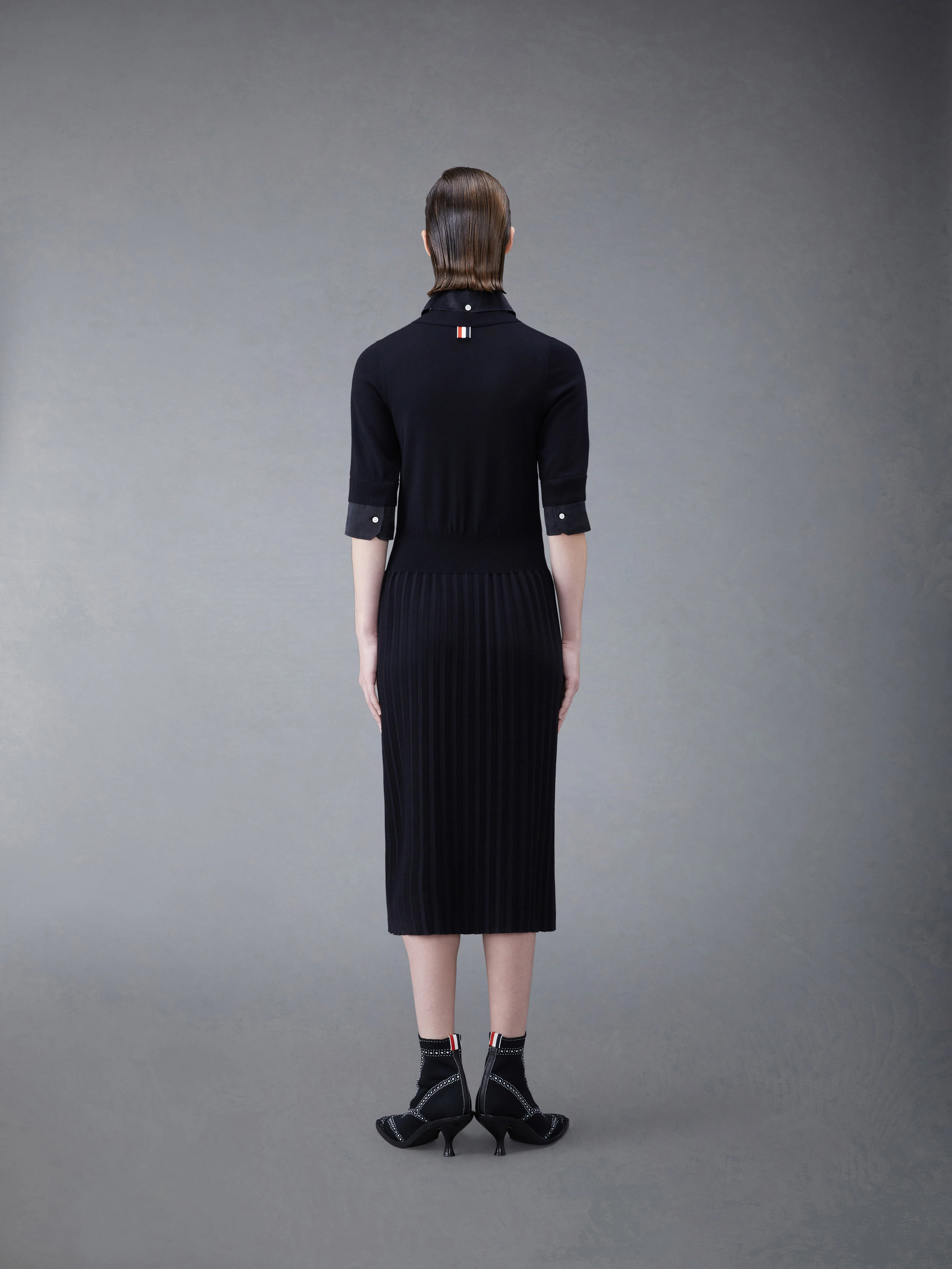 Wool Jersey Organza Pleated Bottom Ribbon Tie Combo Shirtdress - Image 3
