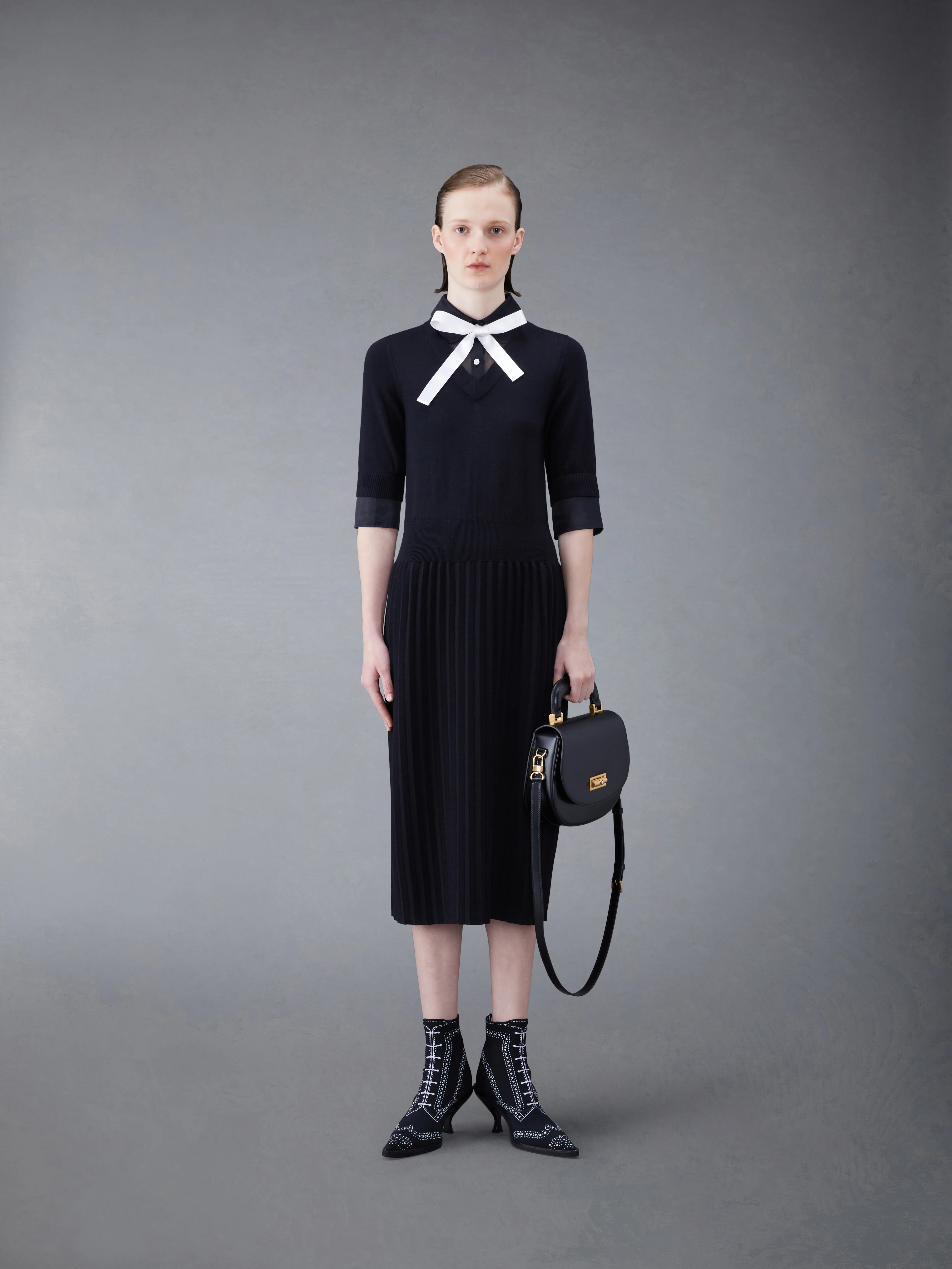 Wool Jersey Organza Pleated Bottom Ribbon Tie Combo Shirtdress - Image 4