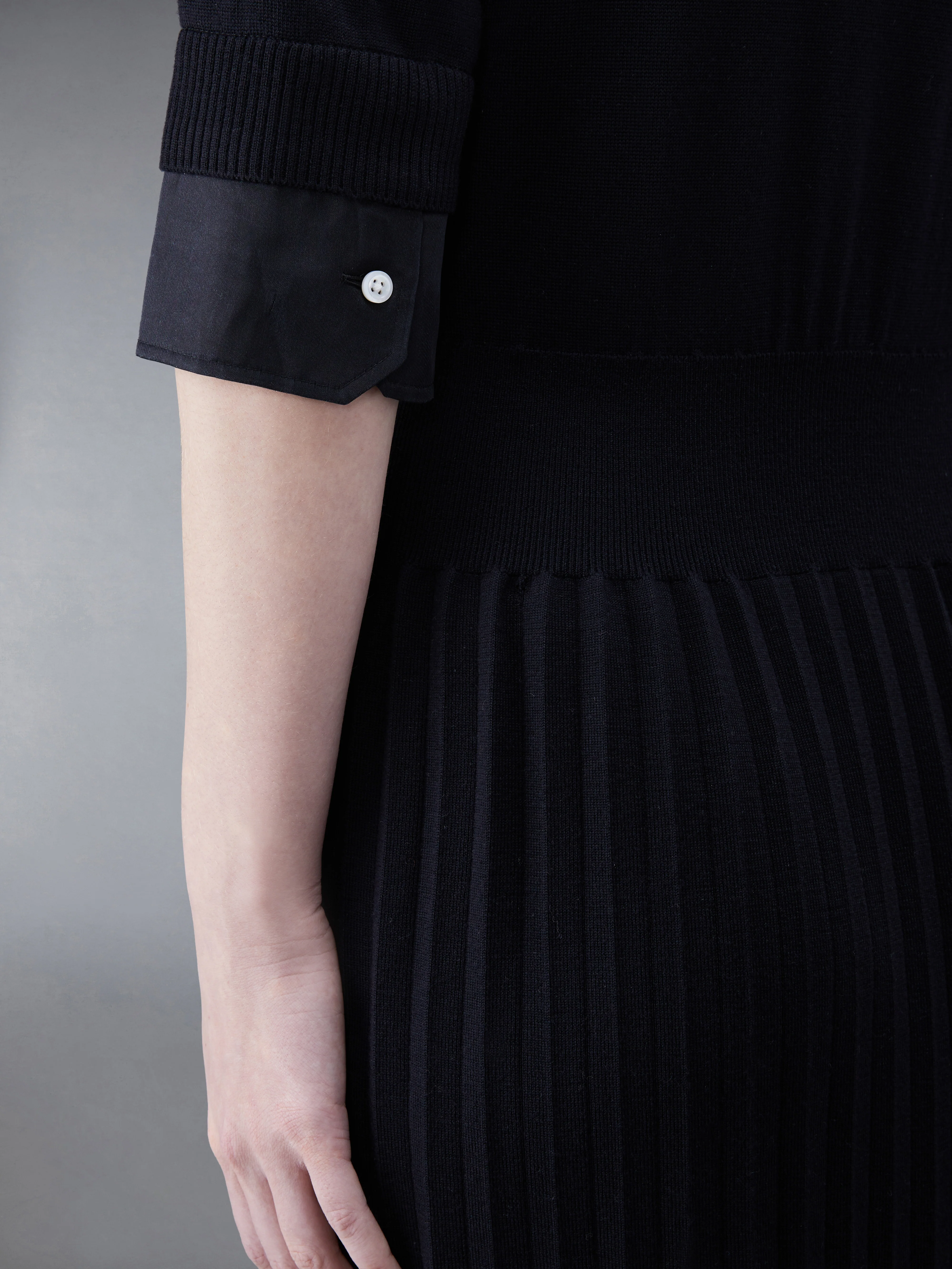 Wool Jersey Organza Pleated Bottom Ribbon Tie Combo Shirtdress - Image 7