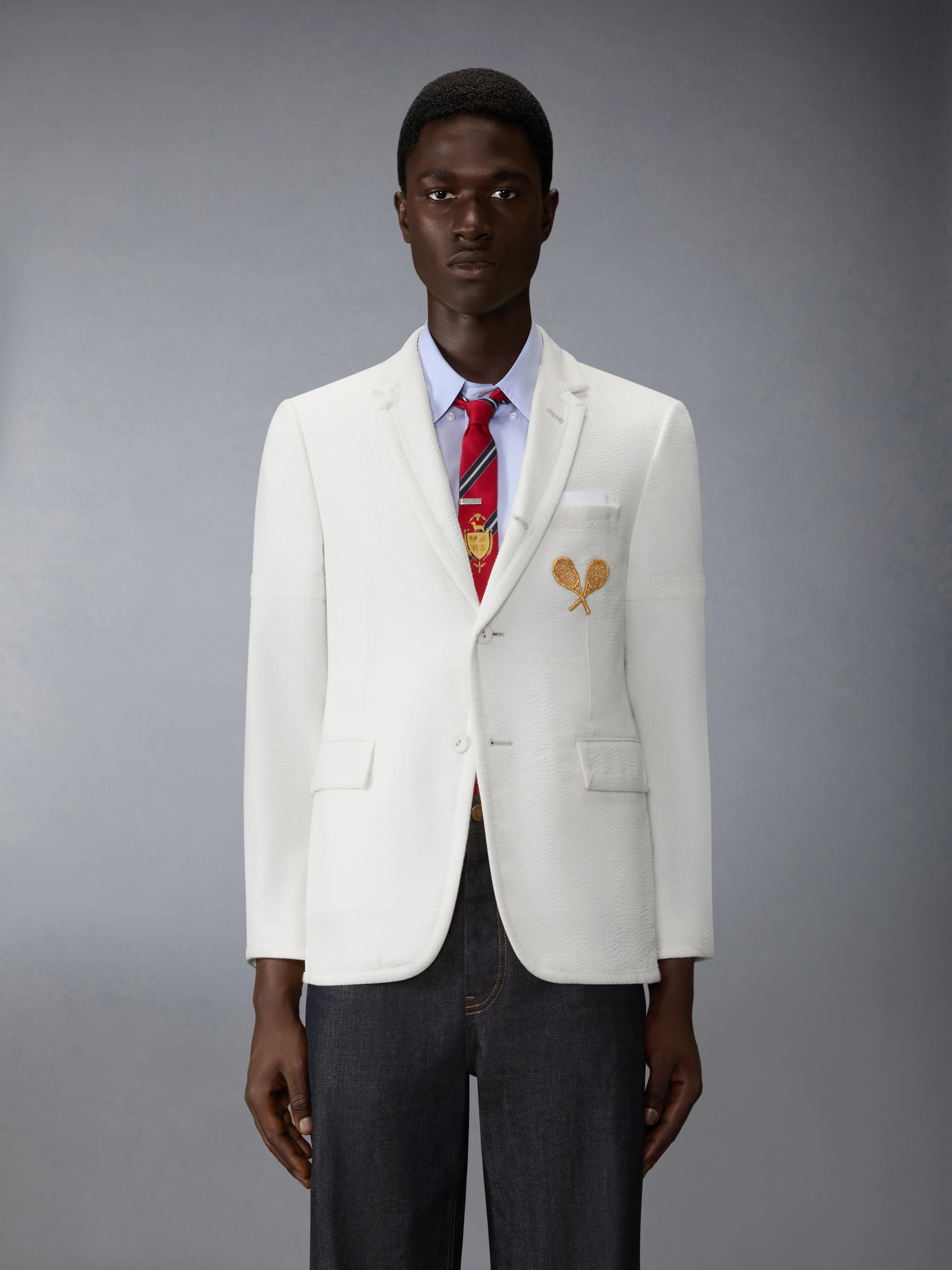WOOL SEERSUCKER TENNIS EMBROIDERY SPORTCOAT WITH ARMBANDS