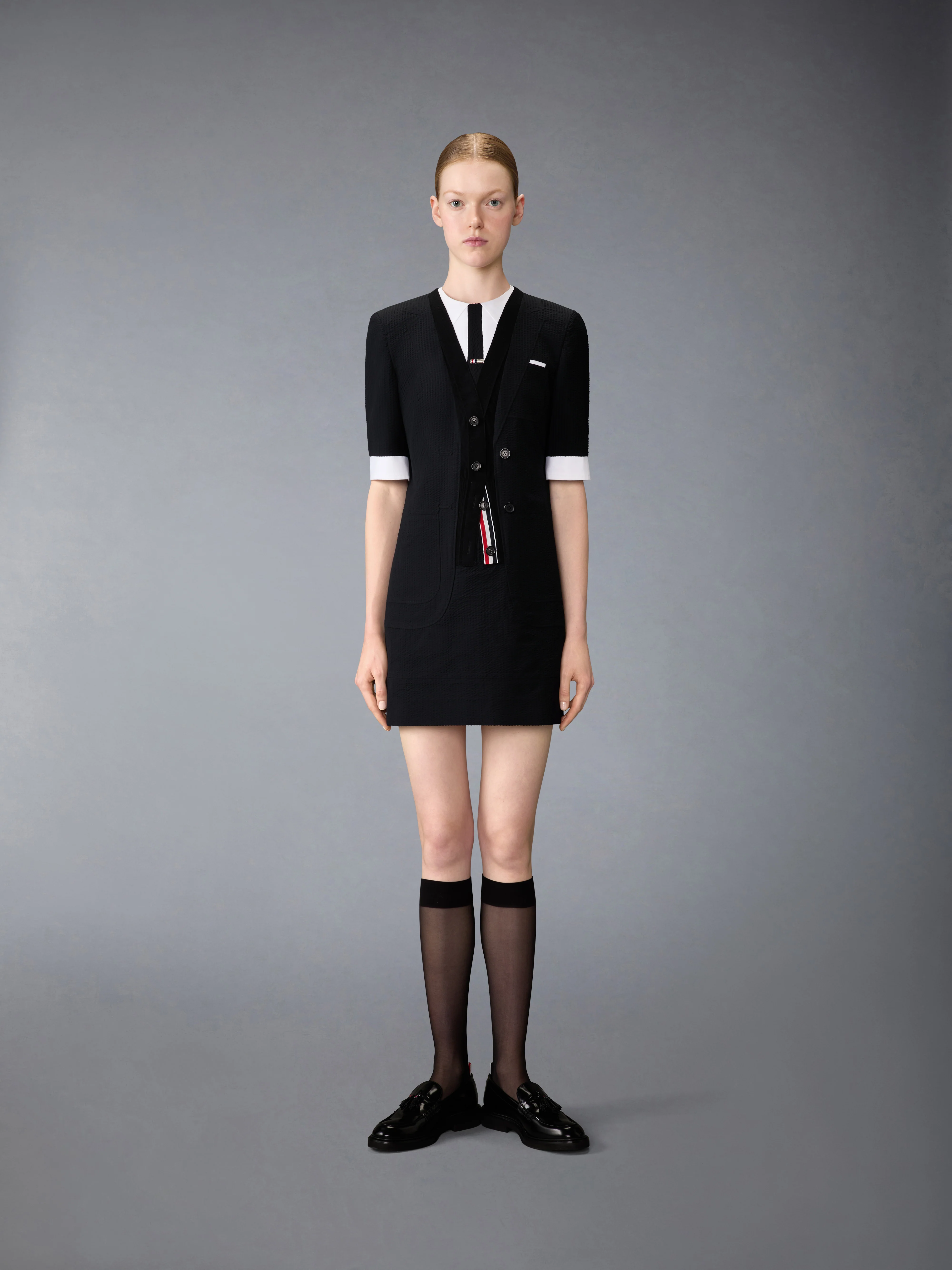 WOOL SEERSUCKER TROMPE L’ŒIL SACK MINI DRESS