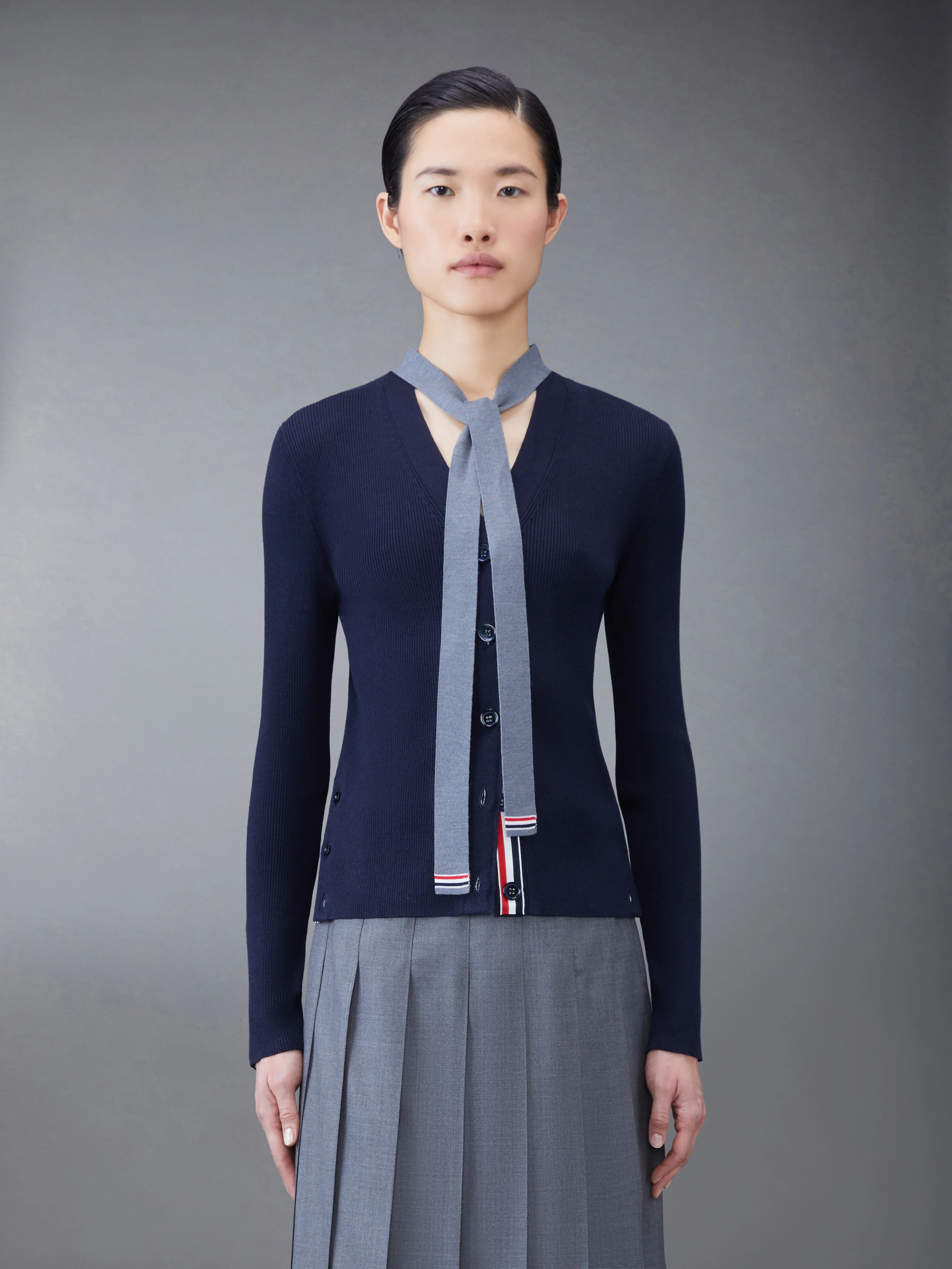 Wool Silk Rib Stripe Neck Tie V-neck Cardigan
