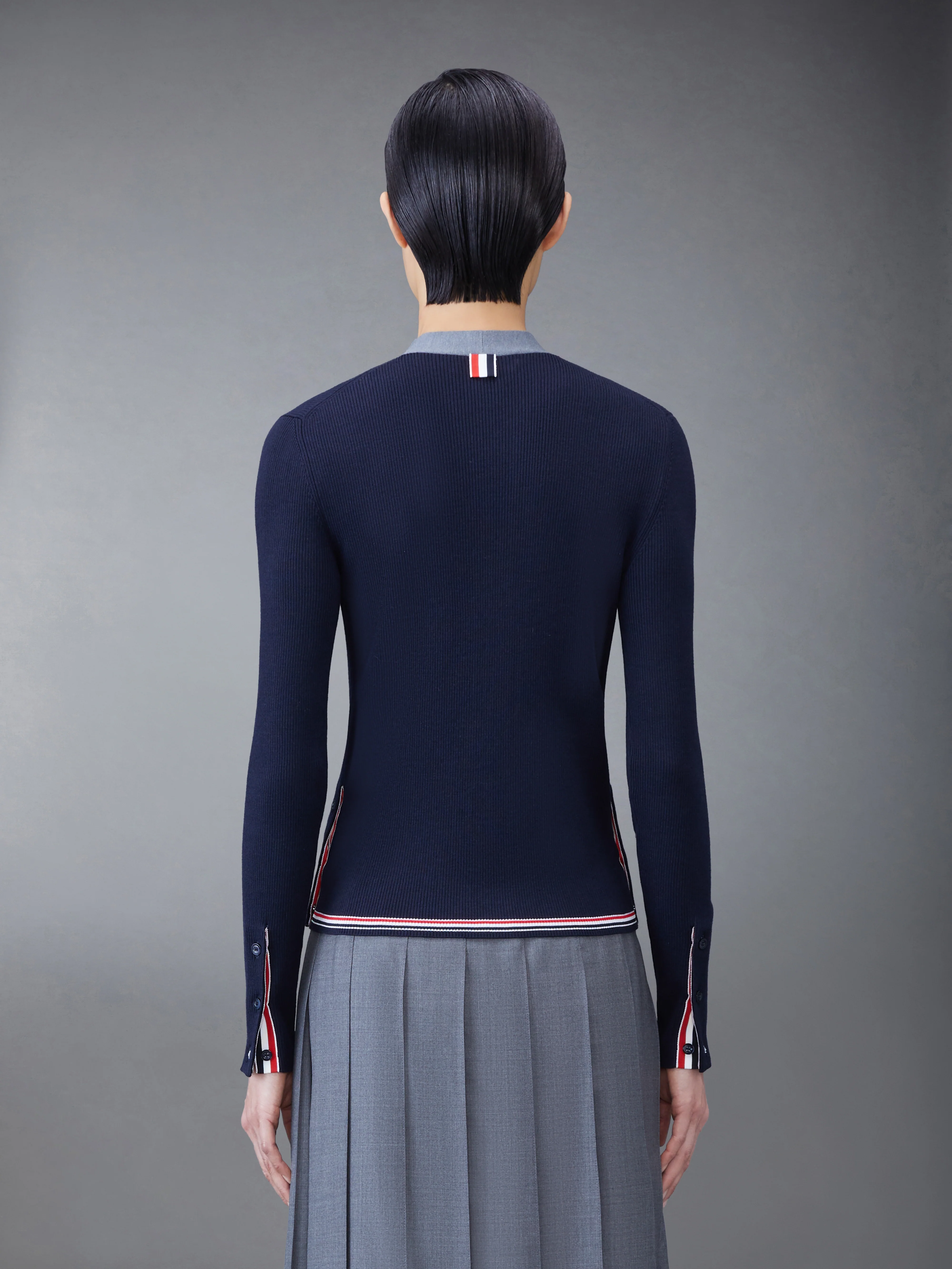 Wool Silk Rib Stripe Neck Tie V-neck Cardigan - Image 2