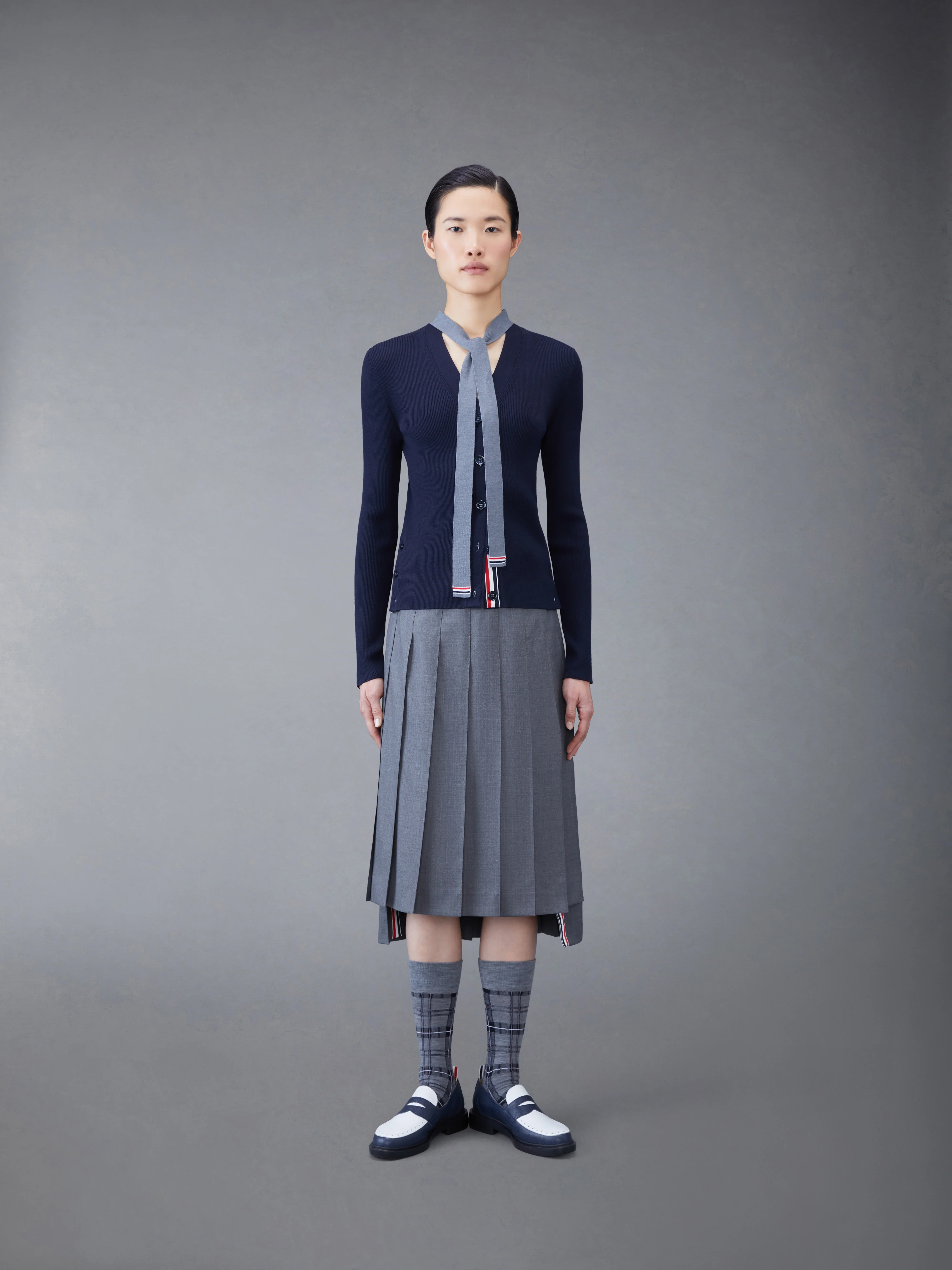 Wool Silk Rib Stripe Neck Tie V-neck Cardigan - Image 3