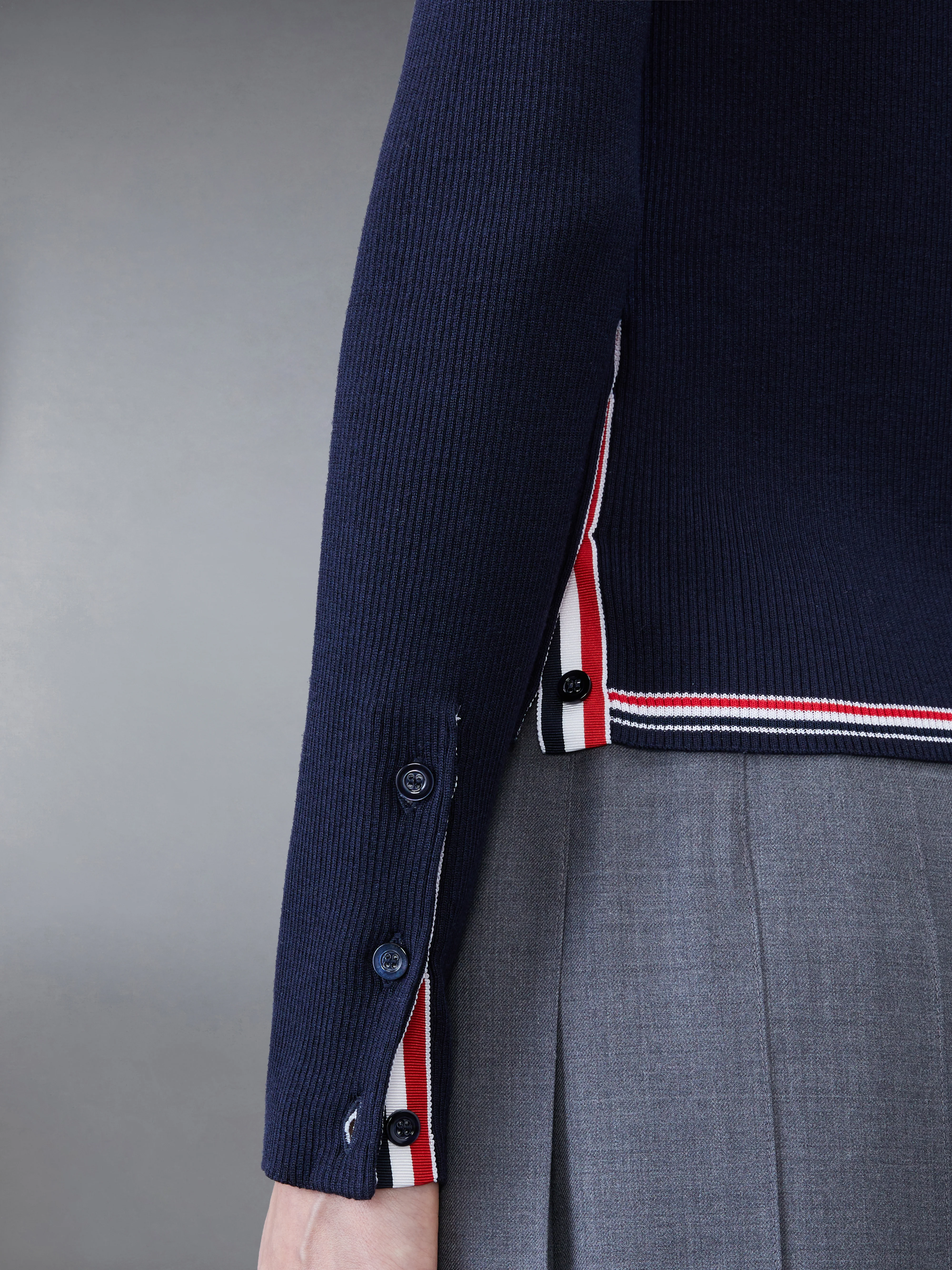 Wool Silk Rib Stripe Neck Tie V-neck Cardigan - Image 6